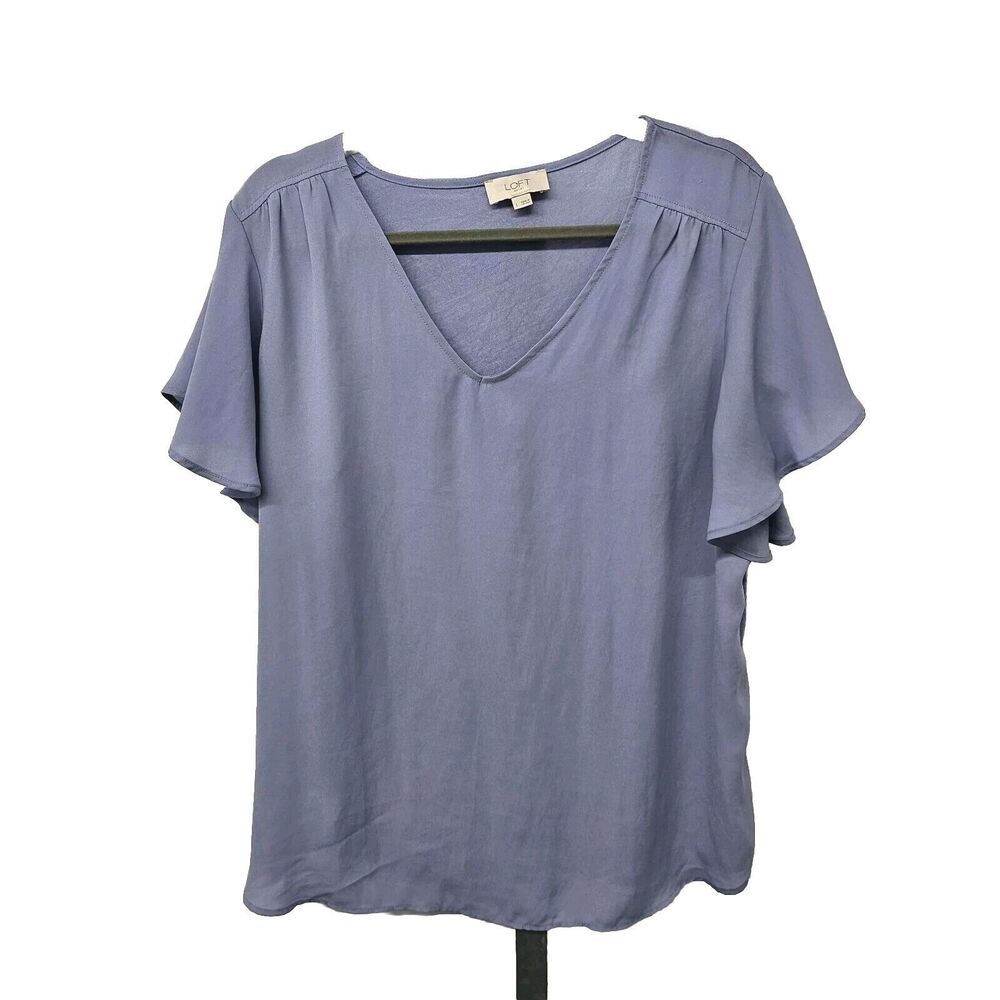 LOFT Flutter Mixed Media Chiffon Short Sleeve Top L V-Neck Blue